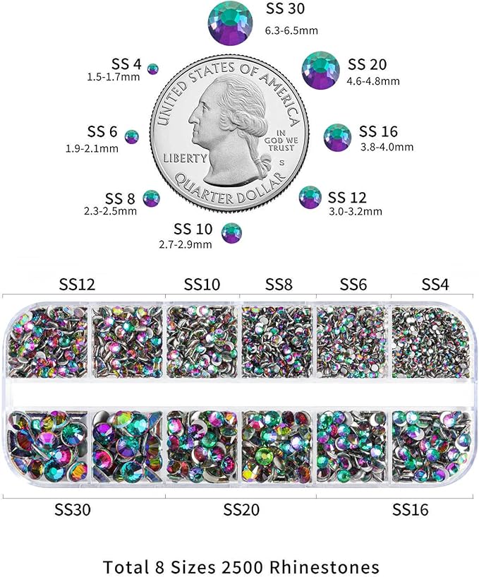 Beadsland Rhinestones for Makeup,8 Sizes 2500pcs Green Flatback Rhinestones Face Gems for Nails Crafts with Tweezers and Wax Pencil,Green Volcano,SS4-SS30