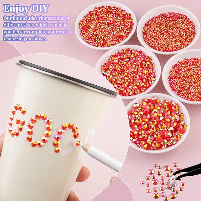 30000Pcs Red AB Rhinestones for Bedazzling with B7000 Jewelry Glue, Bedazzler Kit Flatback Gems, Resin Rhinestones for Crafting Crafts Clothing Shoes Fabric Nail Art Assorted Size 2/3/4/5/6mm