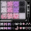 600 Pcs 3D Nail Charms and Flatback Pearls #6, 4 Colors Bow + Pink&White Star Heart Moon Cute Charms + 2-6mm White Pearls for Nail Art Design with Nail Charm Glue(UV Needed) and Pickup Tools
