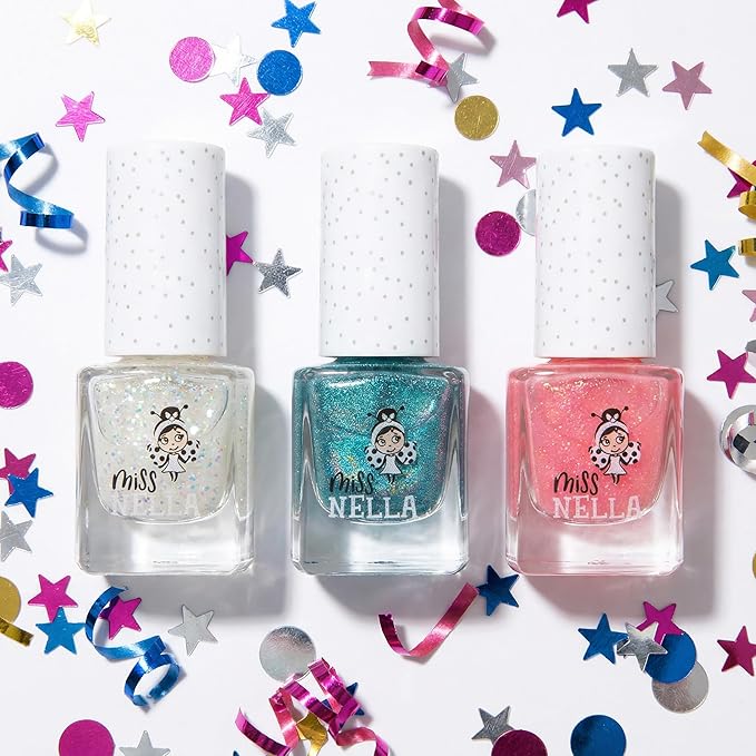 MISS NELLA PARTY COLLECTION 3-3 peel off, odour free, water base glitter nail polishes Pack- Blue The Candles (blue), Confetti Clouds (clear) & Marshmallow Overloud (coral)