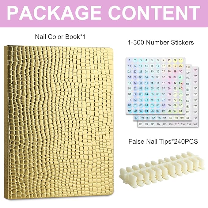 216 Nail Color Book,Nail Color Display Book with 240 Nail Tips & 1-300 Number Labels,Professional Nail Color Swatches Book for Gel Polish Nails Art Design(Gold)