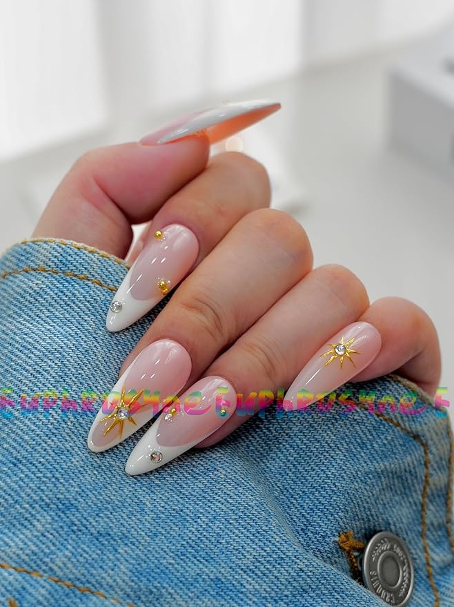 Euphrosyne Long Almond Ombre Press On Nails – 10pcs Pink & White Fake Nails with Sunburst Gold Charms and Rhinestones | Romantic Stick-On Nails for Women, Wedding or Party Look