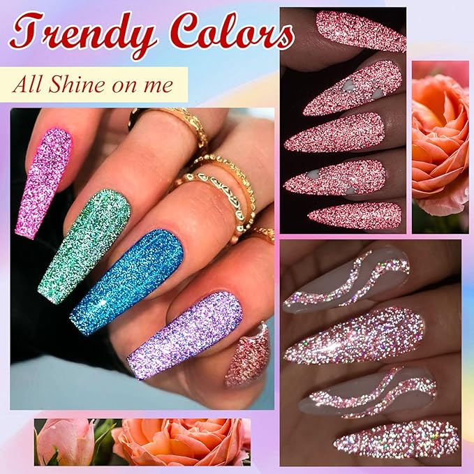 Gel Polish Reflective Glitter Gel Nail Polish Set, 12 Colors Holographic Sparkle Glitter Gel Flash Diamond Sliver Gold Pink Blue UV LED Soak Off Manicure Kit Gift for Women Girls