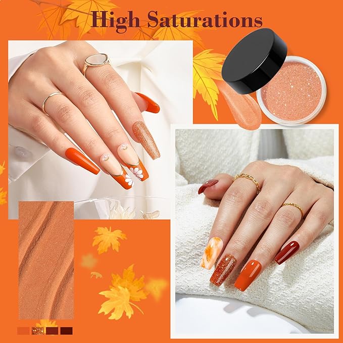 AZUREBEAUTY Dip Powder Nail Kit Starter, Orange Brown Glitter, 4 Fall Pumpkin Maple Dark Colors Set, French Halloween Nail Art Base Top Coat Activator Essential Liquid Manicure DIY Salon