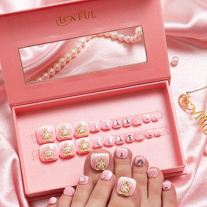 LOVFUL Handmade Acrylic Press on Toenails Sweet Elegance | Salon Quality 20 PCS Free Size Toe Nails | Reusable Fake Nails for Toe | T34
