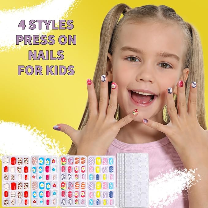 FANDAMEI Nail Kit for Girls, Press on Nails for Kids, Nail Polish Set for Girls, False Nail Tips for Kids, Nail Stickers for Kids, 3D Rhinestone Stickers Face Gems, Nail Glitter, Nail Art Tool Kit