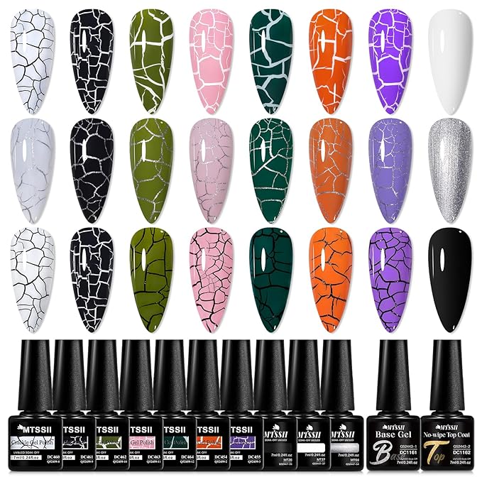 MTSSII Super Easy Crackle Gel Nail Polish 12pc Set - 7 Colors + White, Silver, Black - Base & Top Gel, Quick Dry Nail Art Kit - Fall Gift for Women