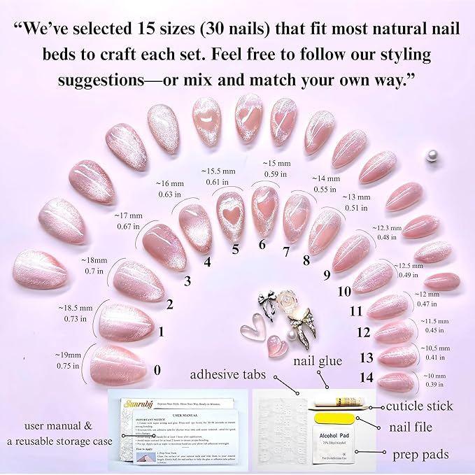 Press On Nails Short Almond Cat Eye Jelly Pink|The Heart will Sparkle as You Move.Reusable Soft Gel Nails in 15 Sizes -30 Nail Kit with Glue|Designed in L.A, Handmade in Vietnam| Whisper Heart