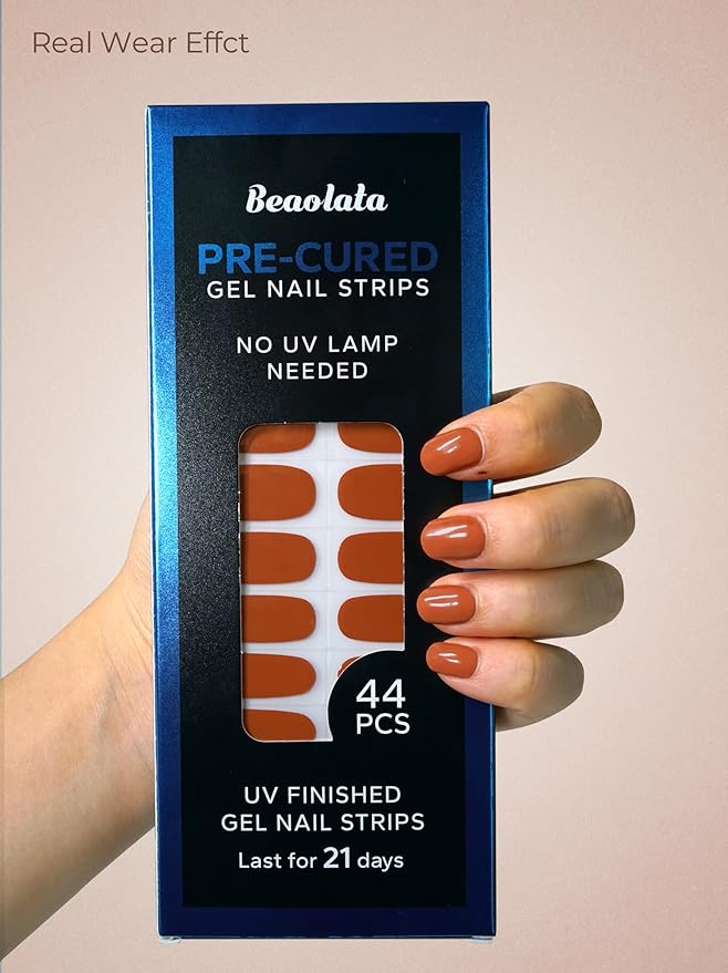 Pre Cured Gel Nail Strips - 44PCS Salon Quality Gel Nail Stickers - Long Lasting Polish Wraps for Women no UV Light Needed Easy Apply & Remove (Walnut Brown)