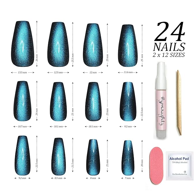 Hypnaughty 24 Pcs Ocean Cat Eye Effect Blue Glossy And Sparkly Coffin Long Press On Nails With Nail Kit And Glue (Ocean Cat Eye)