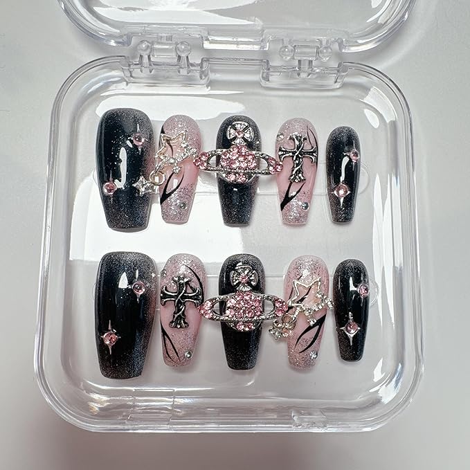 Cat Eye Acrylic Press On Nails,Handmade Thick Strong Waterprooft Star Punk Design Press on Nails, Reusable Stick On Nails 10 Nails Size L, #105