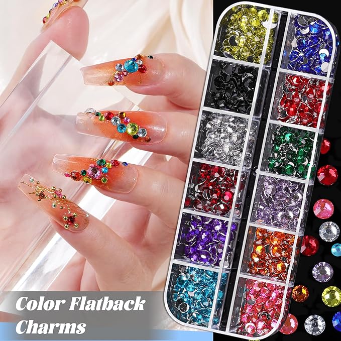 Nail Charms and Gems Set, 6 Boxes Mixed Color Rhinestones Clear Gold Silver Bead Decorations White Beige Pearls for Crafting, 30 Sheets Gold Stickers for Nails with Tweezers for Women Nail Art DIY