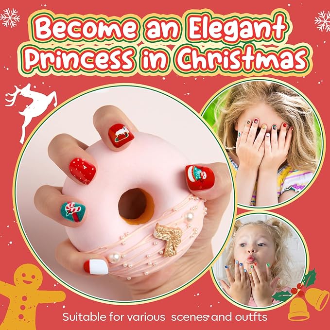 Modelones Christmas Press on Nails for Kids 144Pcs 6 Pack Children Girls Toys 8-10 Acrylic Fake Nails Pre-glue Full Cover Snowflake Red Xmas Short False Nail Art Kits Sets Gifts For Kids Girls