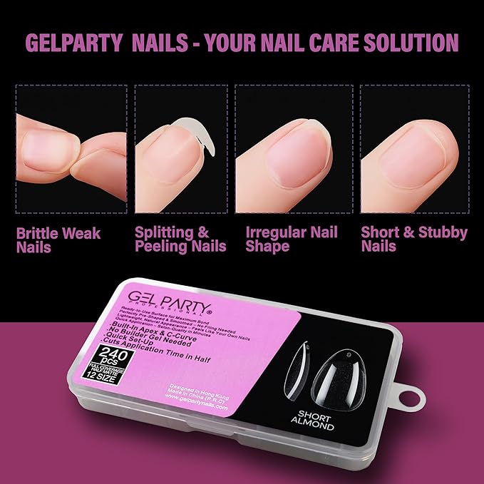 GELPARTY Soft Gel Nail Tips Short Almond - 240Pcs Pre-Buffed Matte Full Cover Tips - Natural Look, No Filing Needed, Soak Off Gel Extension System - Clear False Nails (12 Sizes)