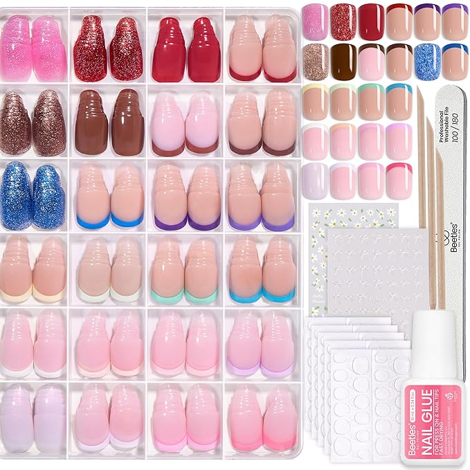 Beetles Press On Nails Kit - Candy Mix | 720Pcs 24 Colors Short Square Press On Nails | 15 Sizes French Glossy Glitter With Nail Glue & Nail Tabs Stickers, Fake Nails Kit Art For Women