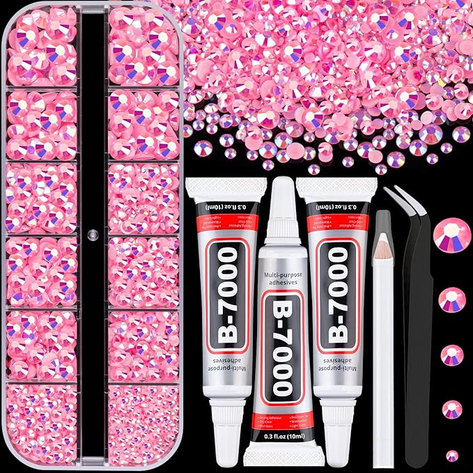 Resin Rhinestones for Crafting with 3Pcs 10ml B7000 Jewelry Glue, 1 Box Pink AB Flatback Gems Crystals Diamond for Bedazzling Crafts DIY Nail Art Makeup, Gems for Clothing Tumblers Shoes