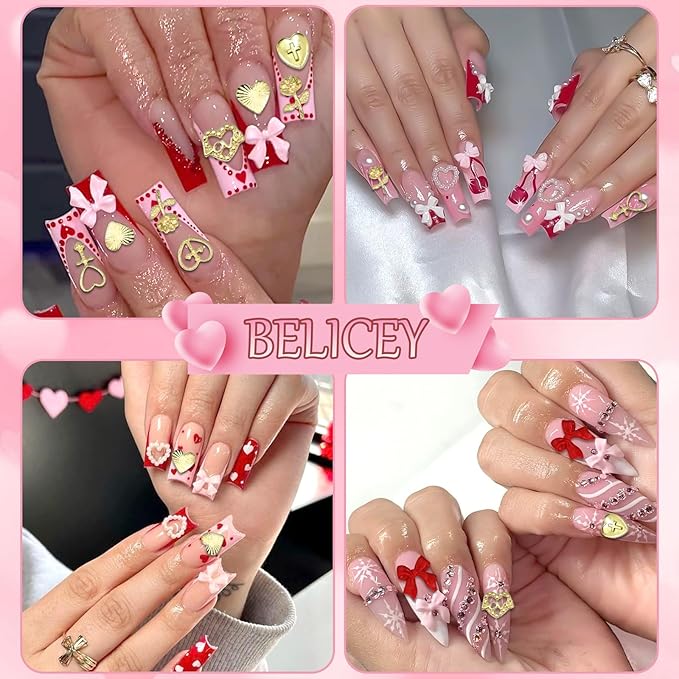 BELICEY Valentines Red Pink Hearts Nail Charms Gold Metal Heart Nails Art Charm Resin Bow Flower Flatback Nail Rhinestone and Gems Nails Jewels DIY Manicure Jewelry for Women Accessories Supplies