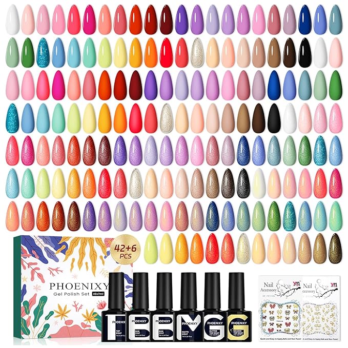 phoenixy 50 Pcs Gel Nail Polish Set, 42 Colors Gel Polish with Base Coat & 4 Effects Top Coat All Seasons Colors Gel Polish Kit Nail Starter Set Gifts for Women Girls