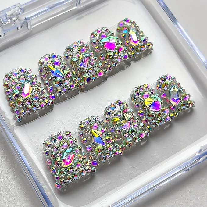 Luxury Press on Nails Short Duck Handmade 3D Unique Reusable ABS Material Fake Nails False Nails with Designs Full Rhinestones Sparkly Glossy Glue on Nail Thick Acrylic Nail(M)
