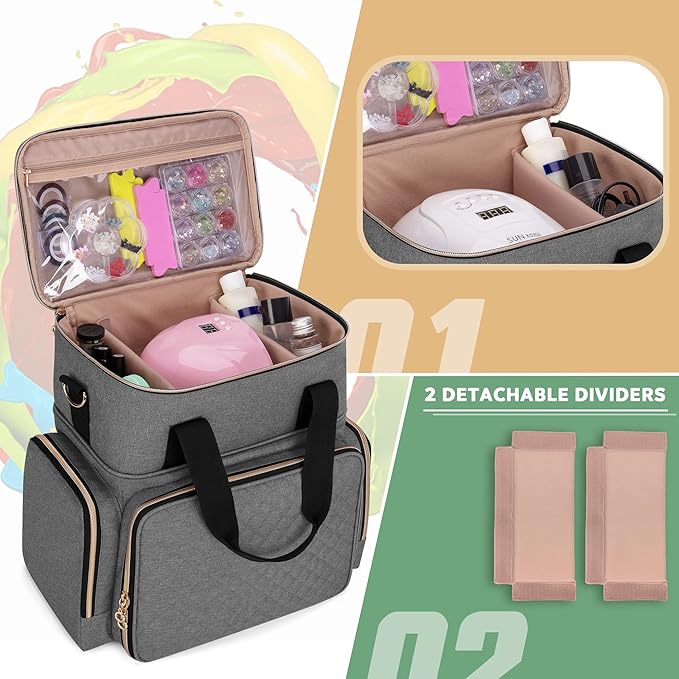 LUXJA Nail Polish Organizer Holds 70 Bottles and a Nail Lamp, Nail Polish Case with 2 Removable Bags and Tools Storage Pockets (Patent Pending), Gray