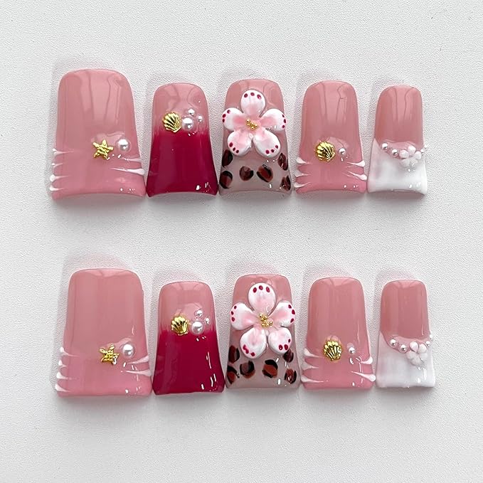 French Tip Press on Nails Handmade Short Duck 3D Flower Thick Acrylic Nails Cute Pink False Nails with Stars Leopard Print Shell Designs Beachy Glossy Fake Nail Sturdy Art Press on Nail 10Pcs(S)
