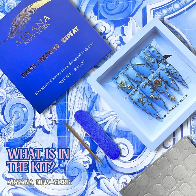 ARYANA NEW YORK 3D Press on Fake Nails Blue Angels Long Stiletto Press on Luxury Design for Women 10 PCS Acrylic Handmade, Blue Angels Collection- (Small)