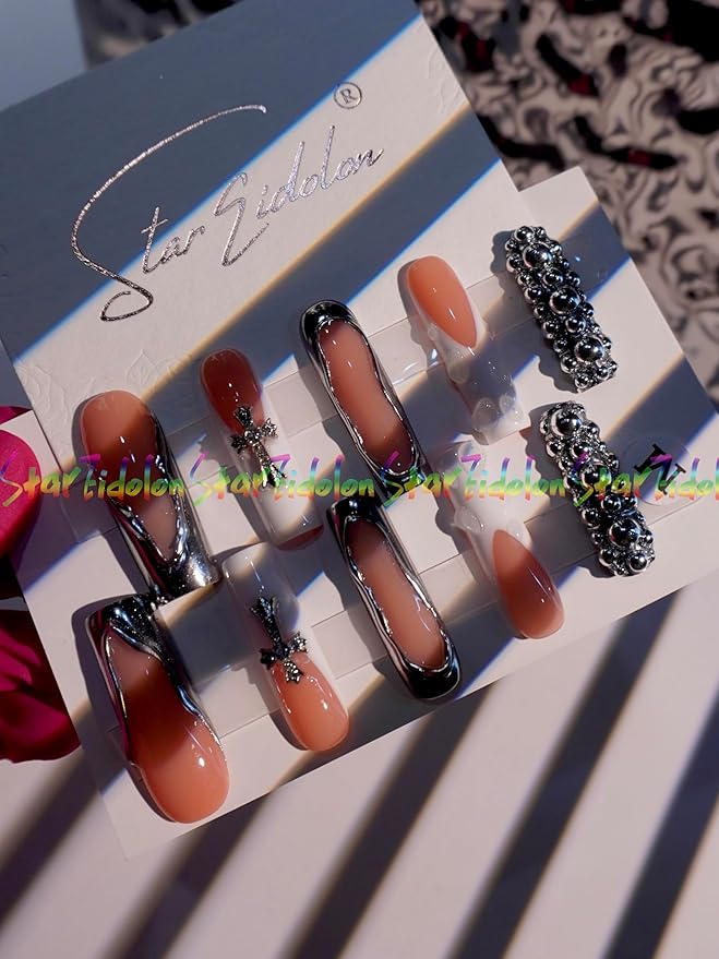 HAND-PAINTED White Press Ons Neon Small Press on Nails Long French Press on Nails Coffin Medium Short Nail art Fake Nail Art Kit with 7g Glue on Nails Handmade Almond Square Nails (TJ-11, Large)