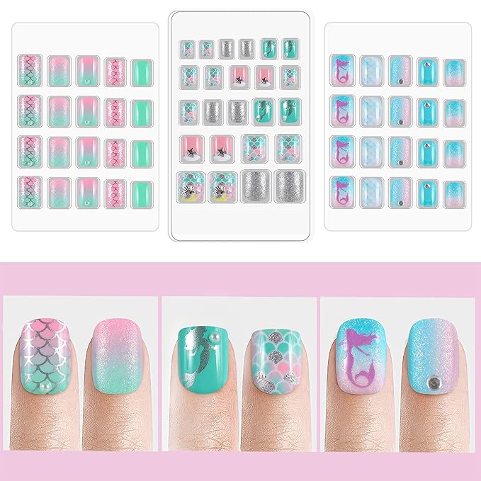 Laza 64pcs Children Nails Press On Pre-glue Full Cover Pink Green Blue Scale Shell Star Diamond Short False Nail Kits for Kids Teenager Girls - Pearl Mermaid