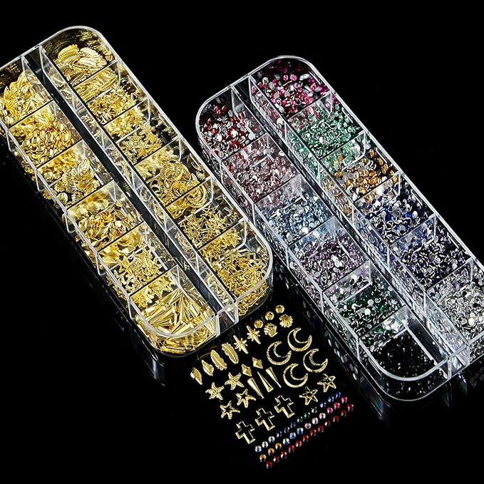 Nail Charms,Nail Rhinestones Kit with 4 Boxes of Nail Gems,Colorful Clear Flatback Rhinestone,3D Charms for Nails 3D Nail Art Design Kit Nail Decorations for Women