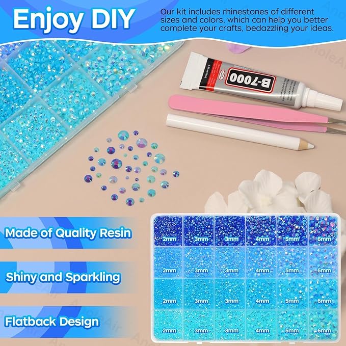 26000PCS Blue Resin Flatback Rhinestones for Crafting, Resin Rhinestones for Bedazzling Kit, 2/3/4/5/6mm Flatback Gems Jewels for DIY Mugs Tumblers Clothing Shoes Nail Art