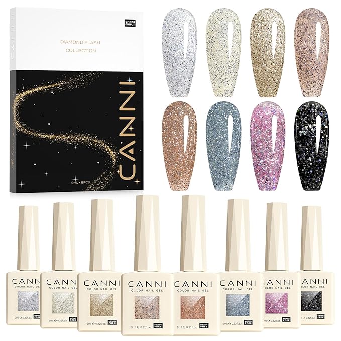 CANNI Gel Polish Glitter Gel Nail Polish Set, 8 Colors Champagne Silver Rose Gold Pink Black Shiny Glitter Gel U V LED Soak Off Manicure Kit Gift for Women Girls
