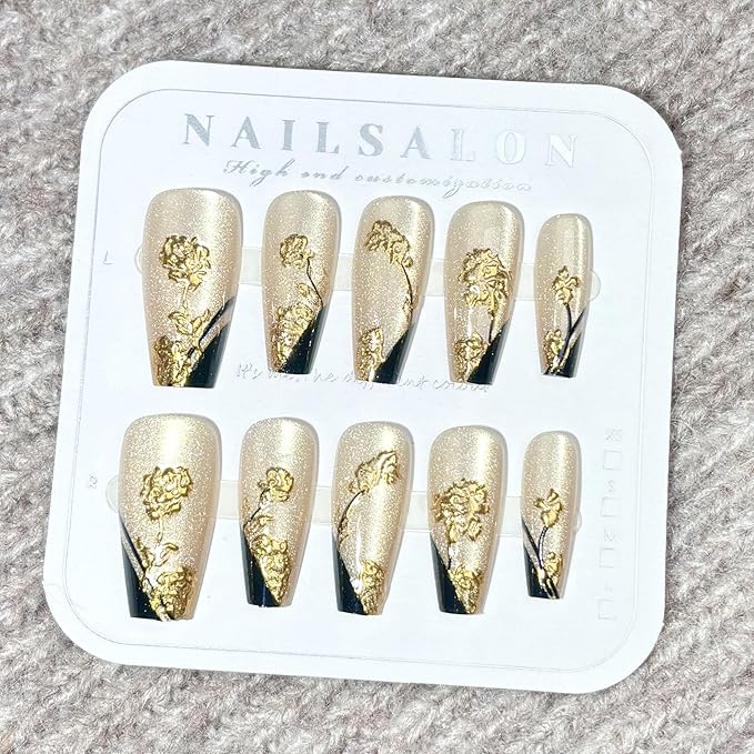 Press on Nails Medium Square Fake Nails Gold Rose Flowers Acrylic Nails Black French Tip False Nails Press ons with Design Cat Eye Glue on Artificial Nail for Women Manicure 24Pcs