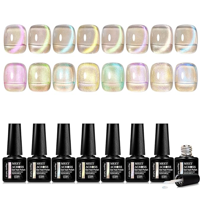 MEET ACROSS 12 Pcs Cat Eye Gel Nail Polish Set, Blue Tears Auroras Magnetic Gel Polish, Blue Pink Yellow Purple Glassy Glitter Holographic Nail Polish with Base Top Gel for Nail Art Manicure Salon DIY