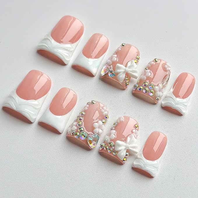 Luxury Press on Nails Short Duck Handmade 3D Unique Reusable ABS Material Fake Nails White French Tip False Nails with Designs Flower Butterfly Rhinestones Glossy Glue on Nail Thick Acrylic Nail(S)