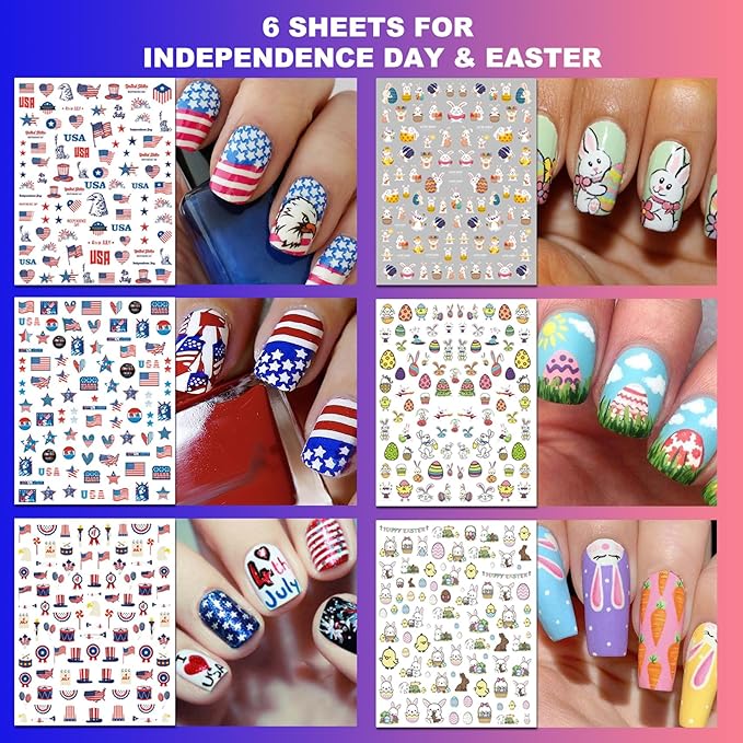 30 Sheets 8 Holiday Nail Art Stickers, Variety Pack All Season Nail Decals for All Year, Self-Adhesive Pegatinas Uñas 4th of July Halloween Fall Christmas Valentine St. Patrick's