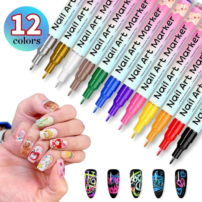 Waterproof Nail Art Pen, 12 Colors Nail Art Pen Set, 0.5mm Precision Control, Quick Drying Markers for & DIY, Complete Kit with Fine Tip Pens