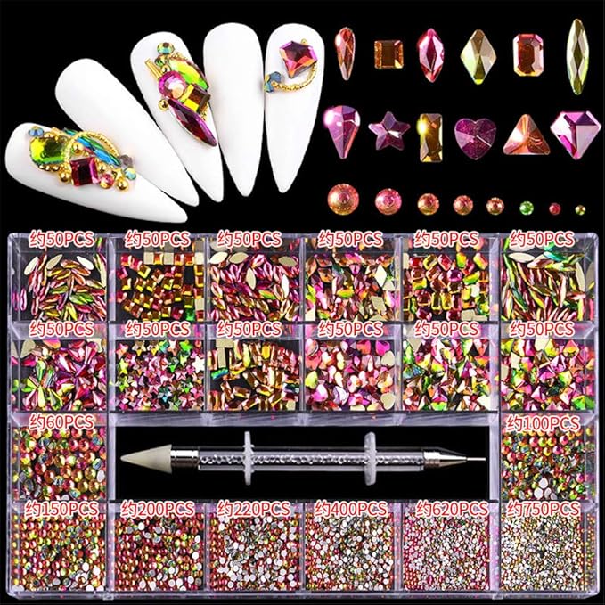 Color AB Crystal Rhinestones Set 600+2100 Pcs, Round and Multishape AB Glass Rhinestone With 1 Pick Up Pen In Clear Big Box Flat Back Crystals Gems Stones Set for Nails Clothes Face Jewelry