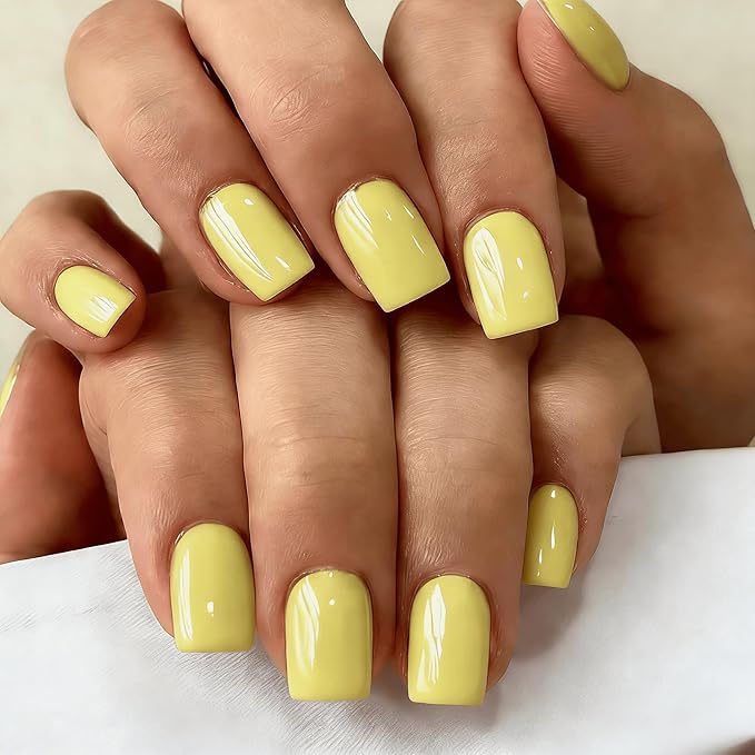 Chrome Light Yellow Press on Nails Short Square, Glazed Short Fake Nails with Sparkle Mirror Design, Shiny Glitter Glue on Nails with Glue, Cute Gel Nail Press ons for Fingernail 30 Pcs