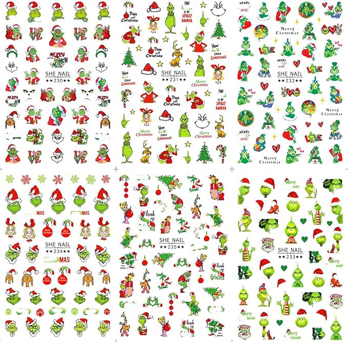 Christmas Nail Art Stickers Funny Cartoon Green Monster Design 3D Self-Adhesive Nail Decals Xmas Tree Santa Claus Acrylic Nail Decor Winter Nail DIY Manicure Accessories for Women
