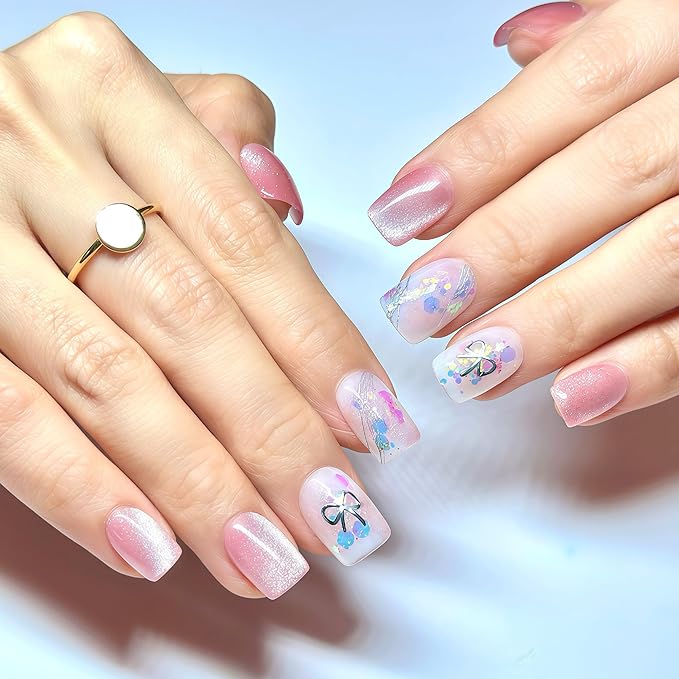 Handmade Press On Nails Short Square Cat Eye in Light Pink with Glitter Floral Details & More. Reusable Nails (15 Sizes, 30 Nails + Glue) | Designed in L.A, Made in Vietnam | Sparkling Romance