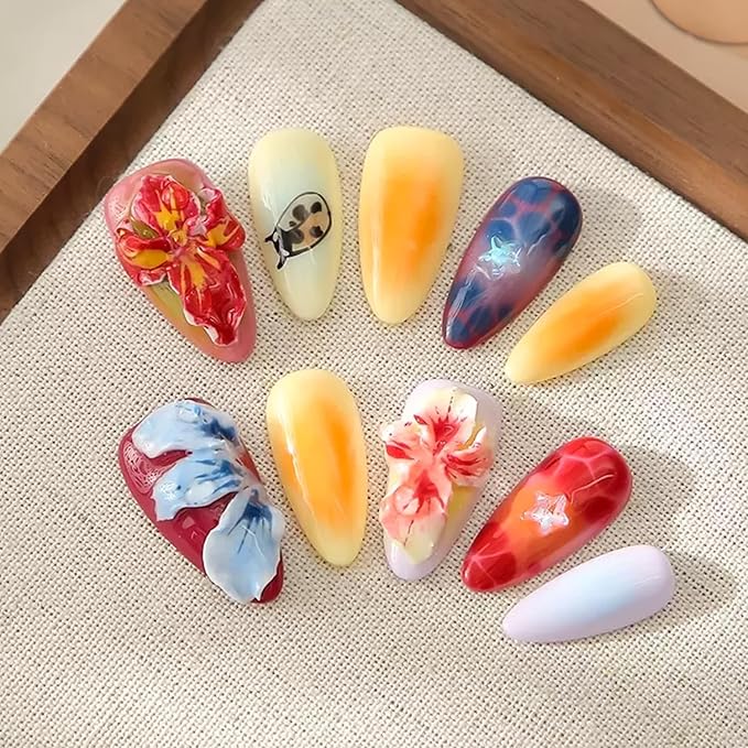 Handmade Press on Nails Medium Almond Nails Thick Fake Nails with Glue,Colourful False Nails with 3D Tropical Flower Art Design Acrylic Nails Nature Stick on Nail for Wome (Size M)