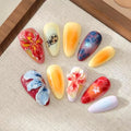 Handmade Press on Nails Medium Almond Nails Thick Fake Nails with Glue,Colourful False Nails with 3D Tropical Flower Art Design Acrylic Nails Nature Stick on Nail for Wome (Size M)