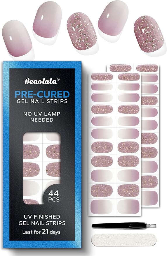 Real Gel Nail Strips (No UV Light Needed) - 44Pcs Salon Quality Nail Stickers - Long Lasting Polish Wraps for Women, Easy Apply & Remove (Iris Purple)