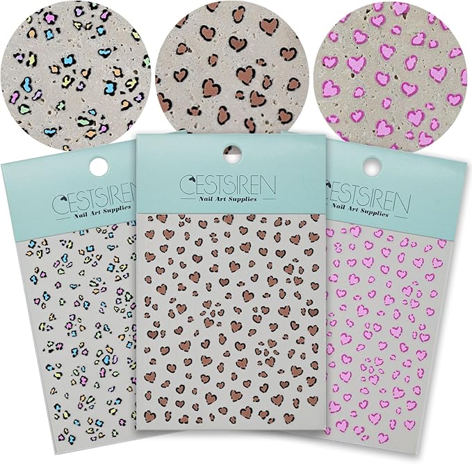 Leopard Print Nail Art Stickers, Colorful Heart Thin Nail Decals, Self-Adhesive, Nail Accessories for Women, Nail Decorations 3 Sheets