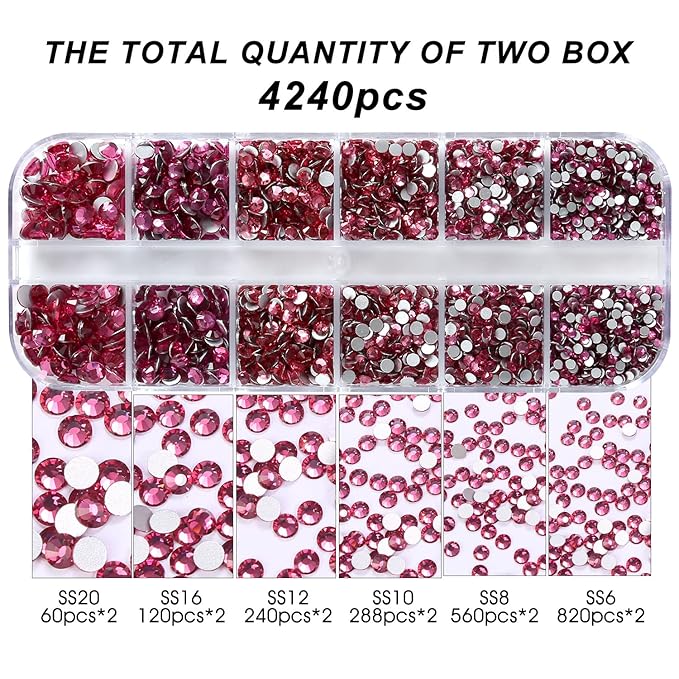 4240Pcs Flatback Rose Rhinestones Glass Crystal Diamonds for Nail Art Face Jewels Sparkly Round with Tweezers and Picking Pen (SS6~SS20 Set)
