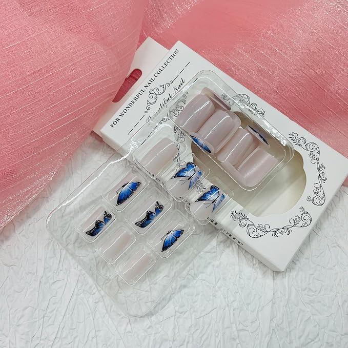 Square Press on Nails Short Fake Nails with Designs Butterfly Stick on Nail Blue French Acrylic False Nail Glossy Artificial Nail Full Cover Glue on Nails for Women 24Pcs