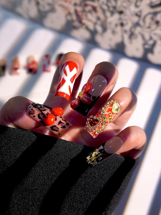 HAND-PAINTED White Press Ons Neon Small Press on Nails Long French Press on Nails Coffin Medium Short Nail art Fake Nail Art Kit with 7g Glue on Nails Handmade Almond Square Nails (Large, J2)
