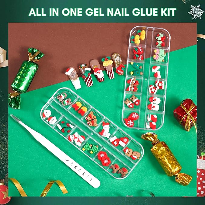 Makartt Christmas Decorations Gift Set: 48PCS 3D Nail Charms with Cartoon Santa, Elk, Tree, Bells for Women, Includes Art Tweezer, Acrylic Accessories for Nails Techs and DIY