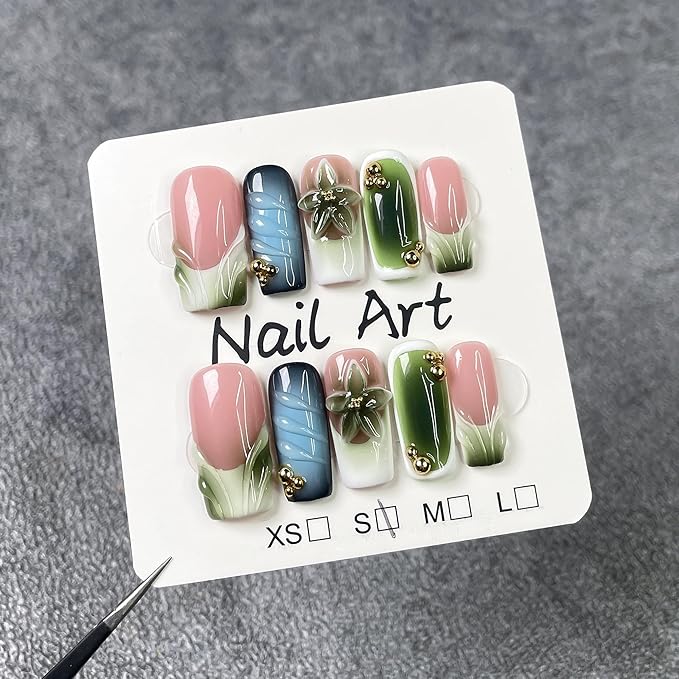Square Handmade Press on Nails Medium Fake Nails French Tip Glue on Nail with Green Ombre Design Nails Press Ons 3D Flower False Nails Luxury Full Cover Reusable Artificial Nail for Women (Size M)