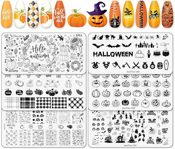 Whaline Fall Halloween Nail Art Stamping Plate Kit Hello Fall Pumpkin Ghost Witch hat Plaid Design Nail Art Set for Autumn Thanksgiving Halloween DIY Print Manicure Salon, Set of 6
